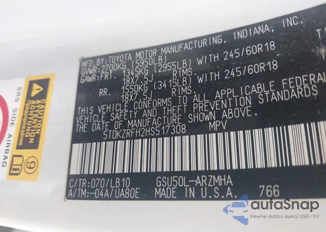 2017 Toyota Highlander Xle from USA, damaged, VIN 5TDKZRFH2HS517308